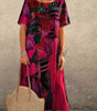 Long Tropical Print Dress with Short Sleeves for Women