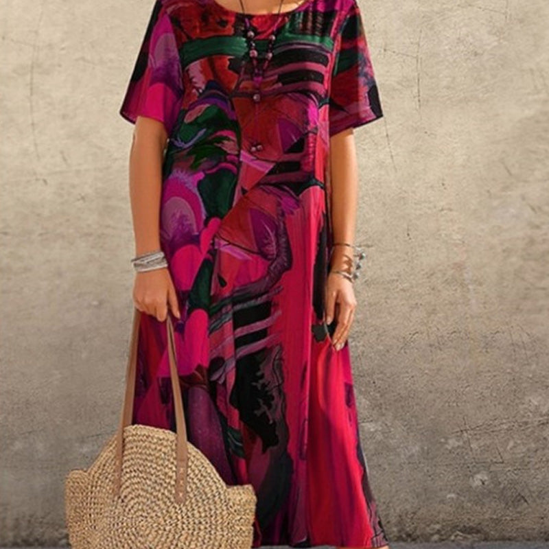 Long Tropical Print Dress with Short Sleeves for Women