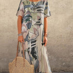 Long Tropical Print Dress with Short Sleeves for Women