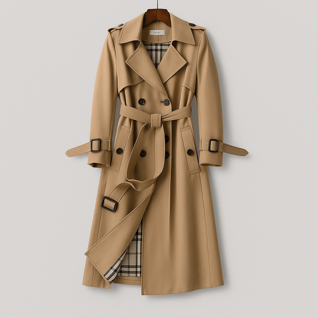 Women's Long Belted Trench Coat – Double Breasted with Checkered Lining