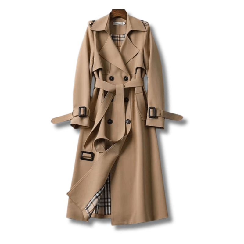 Women's Long Belted Trench Coat – Double Breasted with Checkered Lining