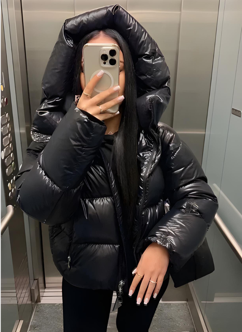 Shiny Quilted Oversized Puffer Jacket with Hood for Women